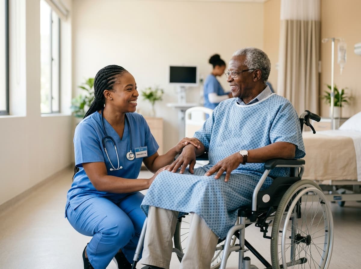 Caregiver assisting patient with home care equipment